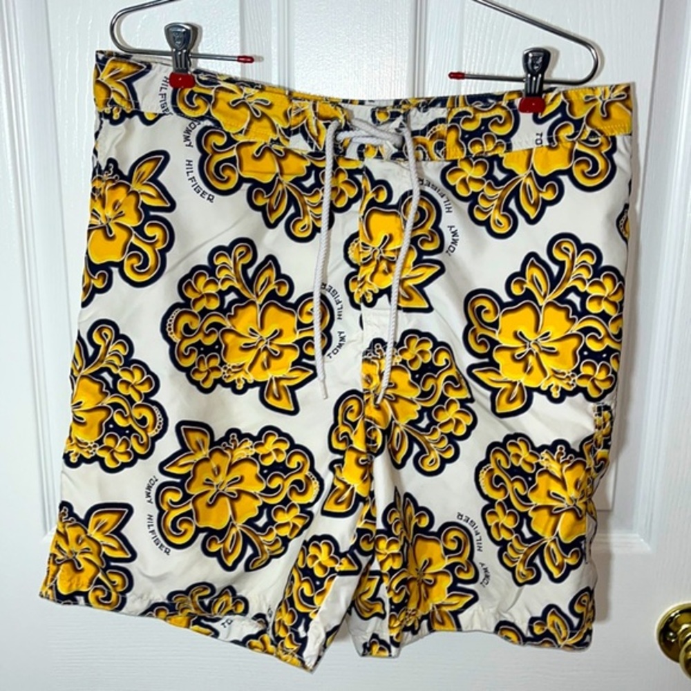 Men’s Sz L Tommy Hilfiger white & gold swim trunks swimming shorts